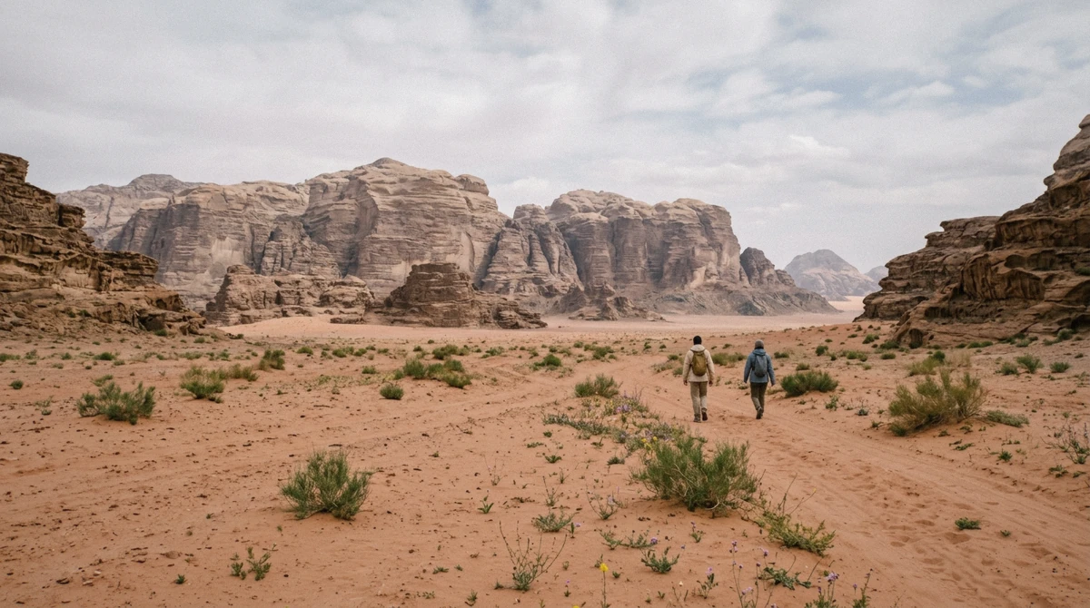 Walkers in a green-tinged desert valley in spring, the best time to visit Wadi Rum