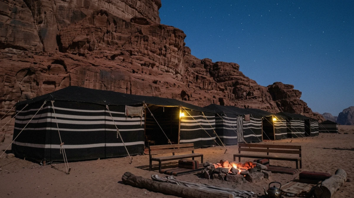 Bedouin tents with striped walls at blue hour, the kind of Wadi Rum camp most tours use