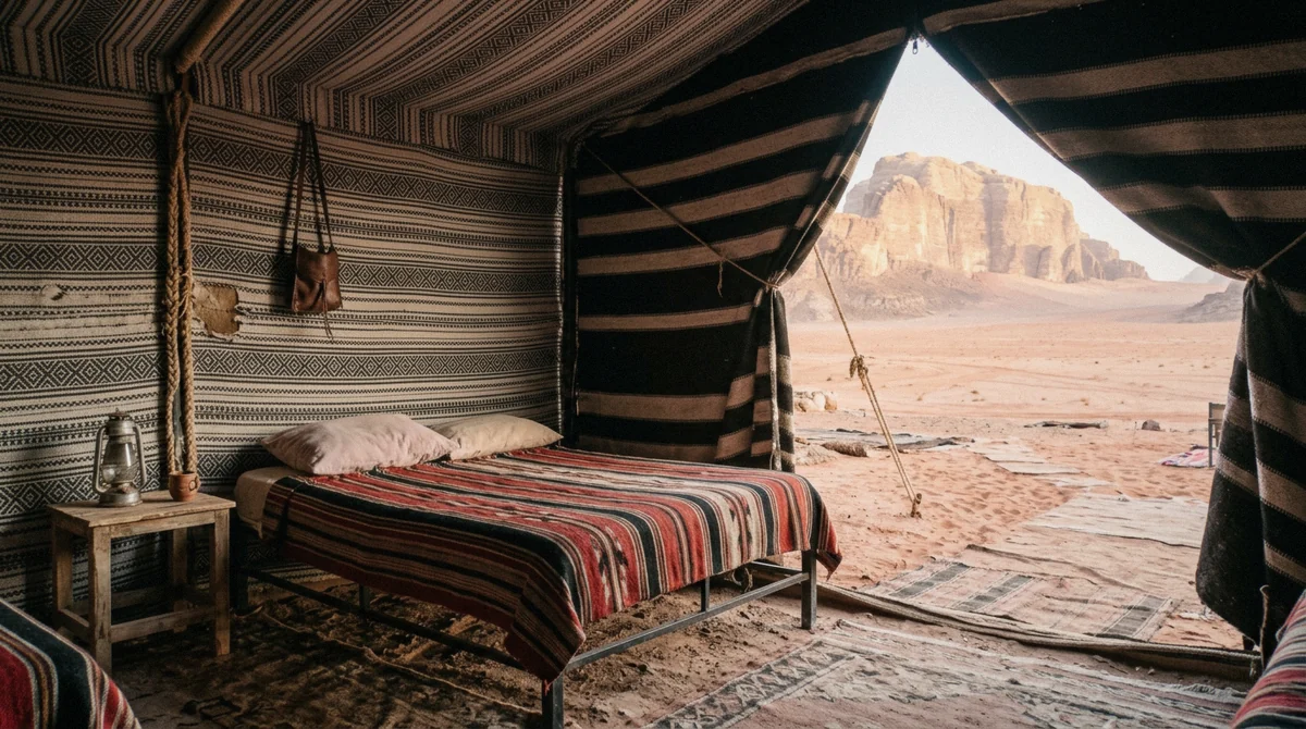 Inside a private tent at a Wadi Rum camp, bed and patterned walls
