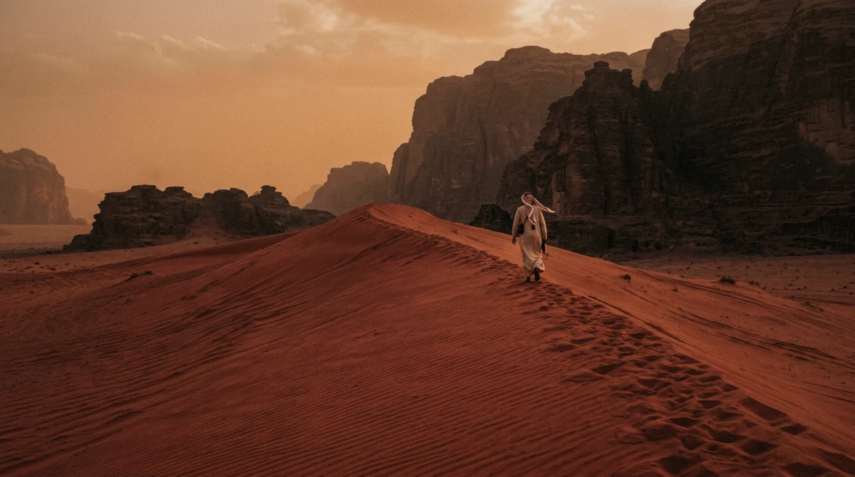 A lone figure on a red dune crest below dark cliffs, the Lawrence of Arabia Wadi Rum landscape