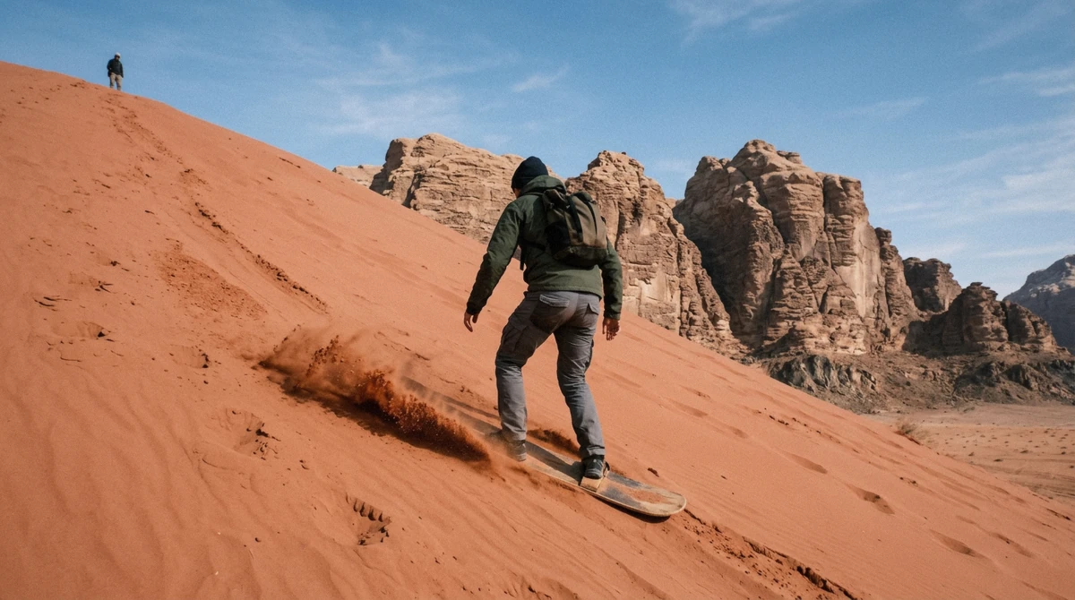 Sandboarding down a red dune on a Wadi Rum cave camping tour