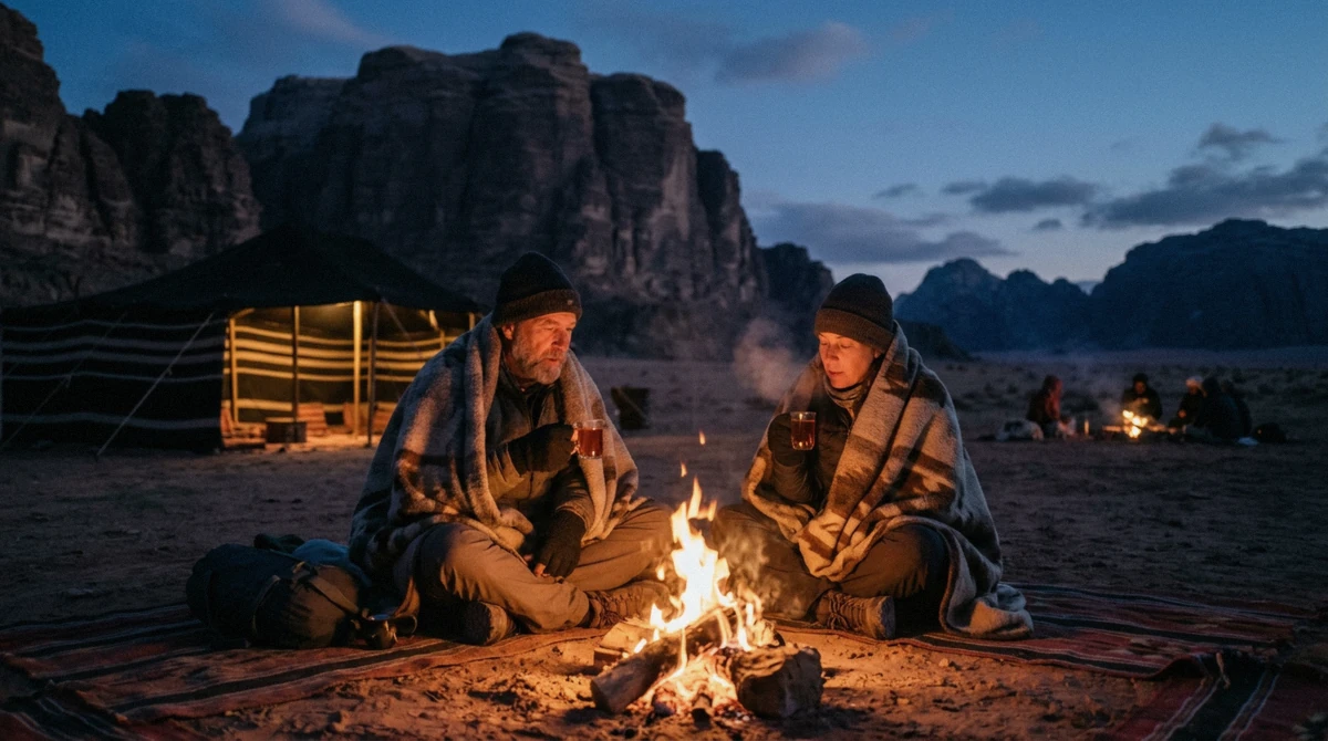 Travellers in blankets by a campfire on a cold night of a Wadi Rum desert tour