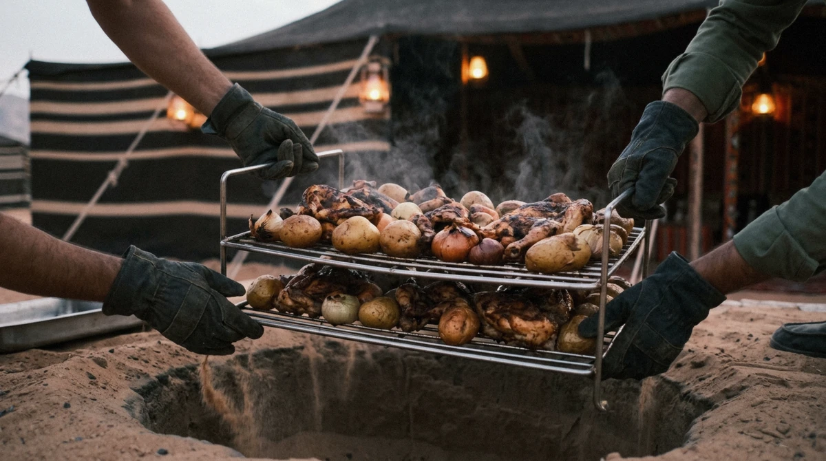 A zarb dinner lifted from the sand pit at a Wadi Rum camp